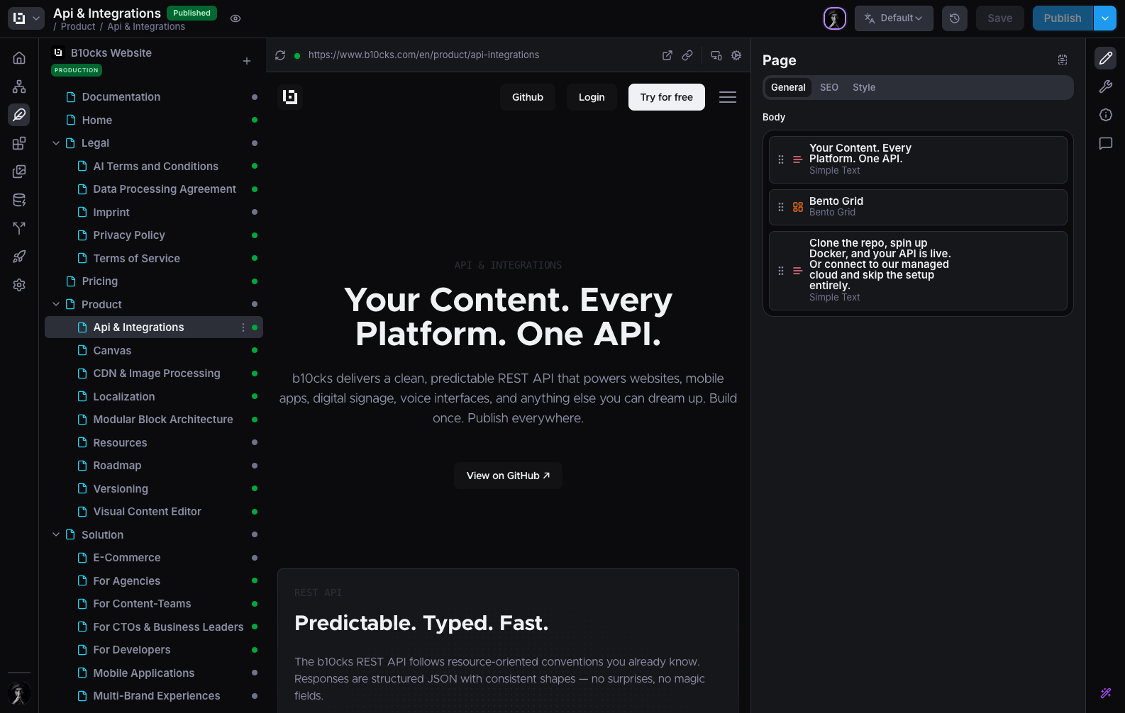 The b10cks editor with the content tree, a live preview of the page, and the list of blocks that make it up